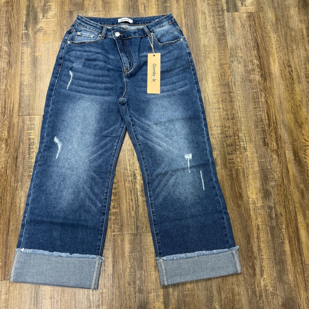 Genleck High Rise Cropped Wide Leg Jeans Distressed Cuffed Raw Hem Women Large‎